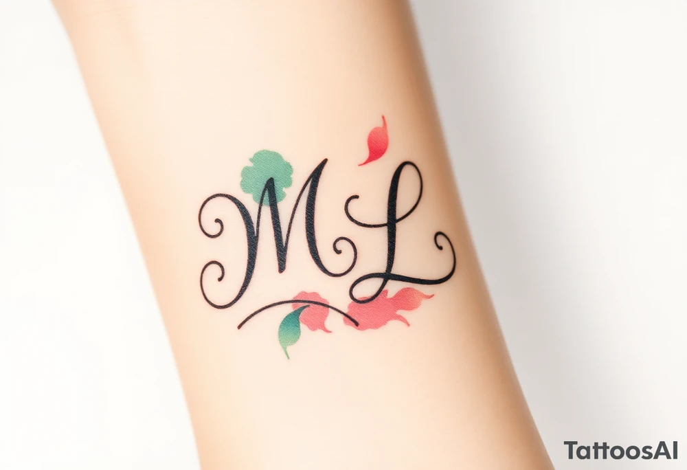 A mother and child’s initials (M and L) intertwined in a flowing script, with soft pastel watercolor splashes in the background tattoo idea