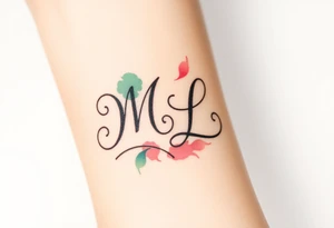 A mother and child’s initials (M and L) intertwined in a flowing script, with soft pastel watercolor splashes in the background tattoo idea