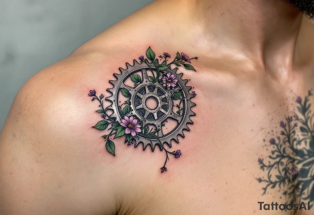 A detailed bicycle gear with intricate teeth, intertwined with vines and small wildflowers, symbolizing strength and connection to nature. The gear would be shaded in metallic silver with pops of green and purple for a fresh look. tattoo idea