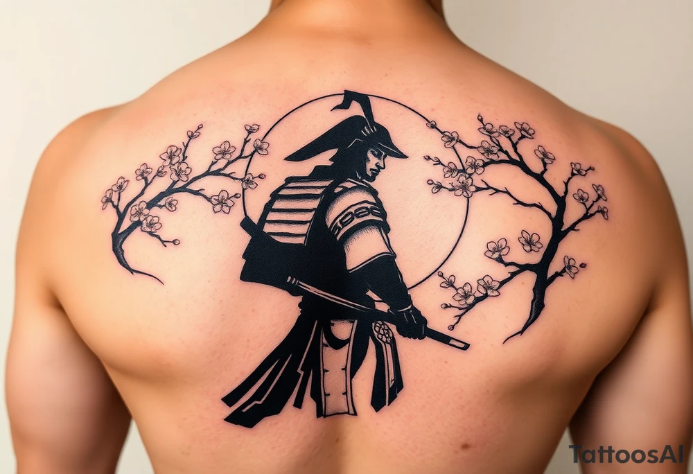 noble samurai warrior silhouette at sunset with cherry blossoms tattoo idea