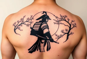 noble samurai warrior silhouette at sunset with cherry blossoms tattoo idea