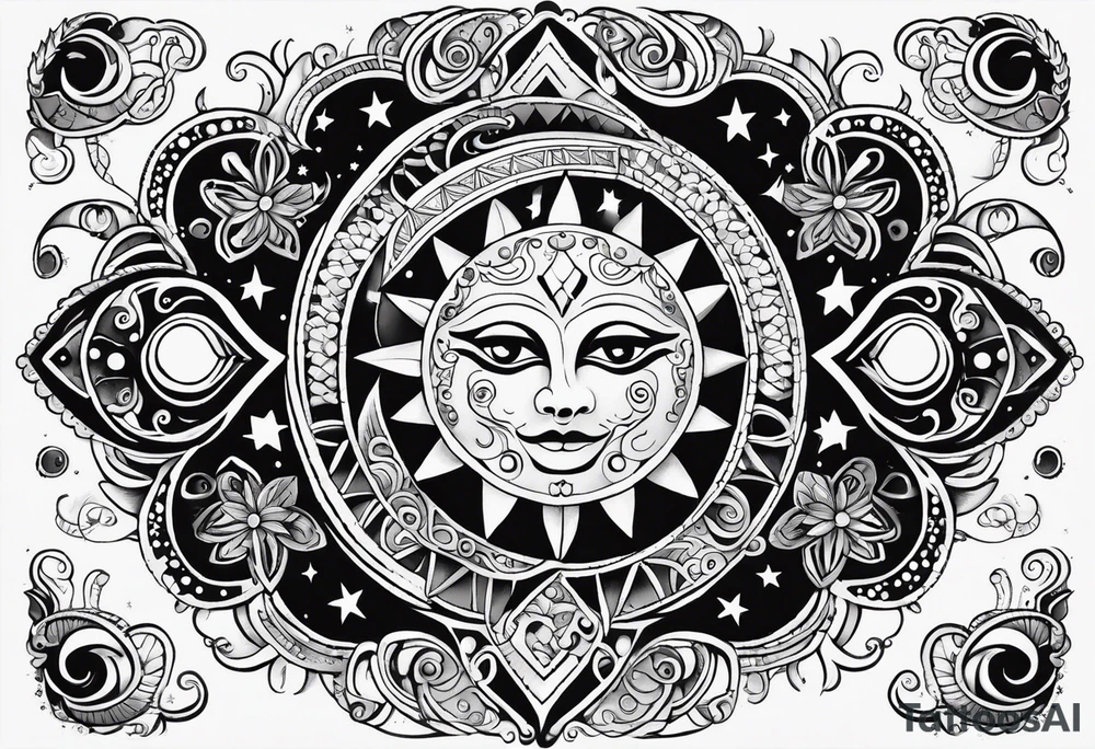 Mexican alien Sun and moon. Freeform rectangular sternum swirls with dots and stars tattoo idea