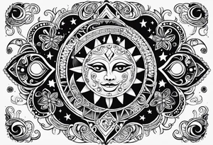 Mexican alien Sun and moon. Freeform rectangular sternum swirls with dots and stars tattoo idea