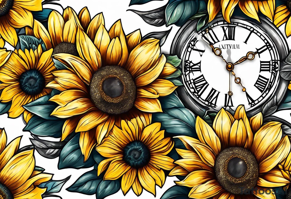 Sleeve with Roman numeral and sunflowers tattoo idea