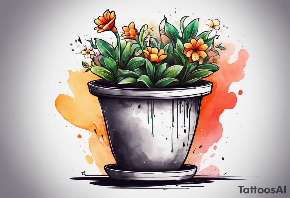 a flowerpot with a small flower coming out of it, just about to bloom. i would like the text, "a flower's gonna bloom real soon" around it tattoo idea