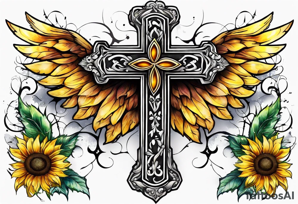 Winged cross with sunflower tattoo idea