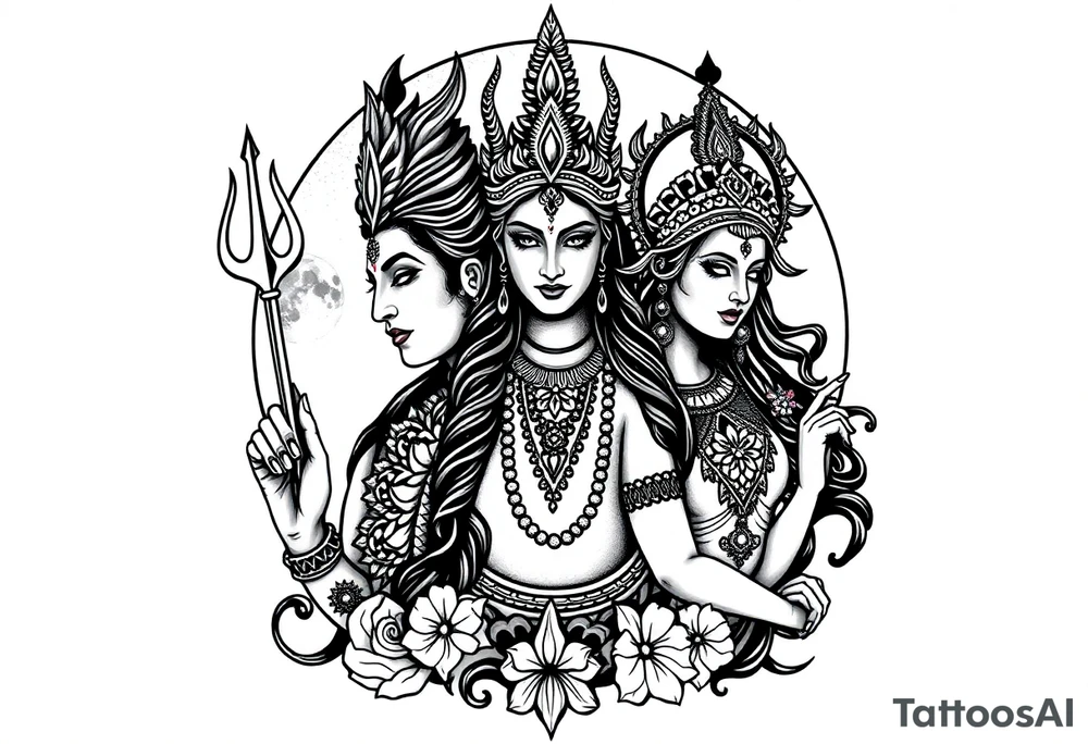 Lord Shiva, Godess Kali, Godess Lilith with the moon phases in the background tattoo idea