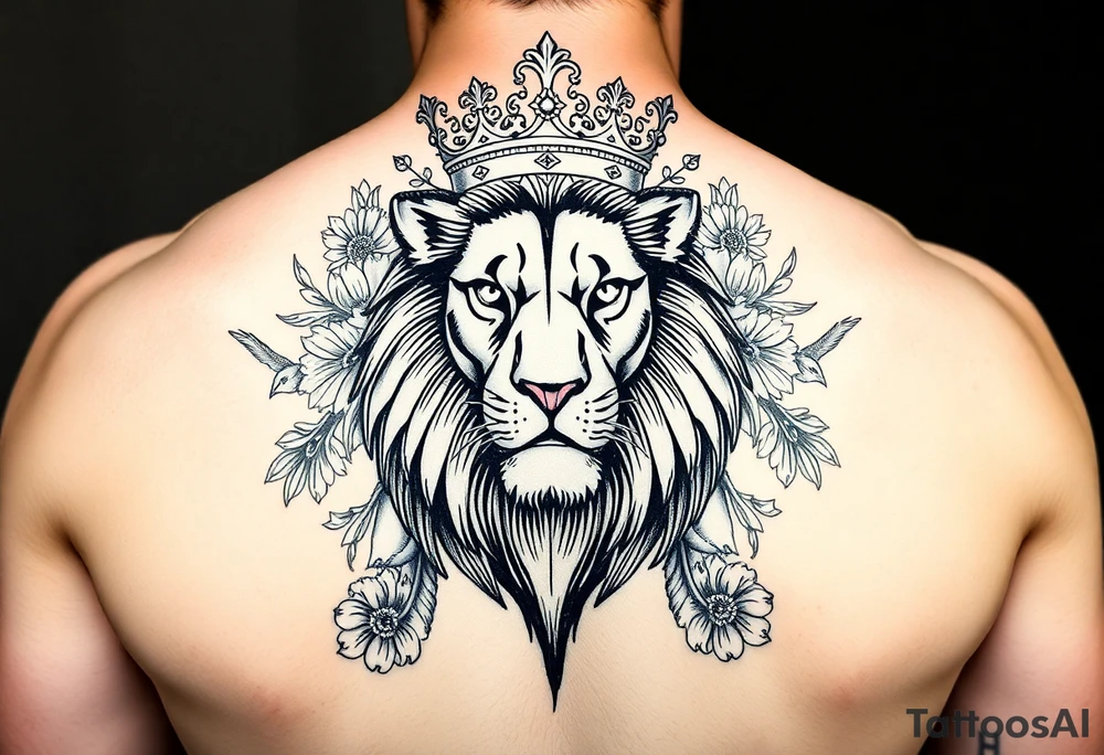 powerful majestic lion with a crown, surrounded by floral ornaments and birds tattoo idea