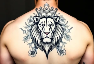 powerful majestic lion with a crown, surrounded by floral ornaments and birds tattoo idea