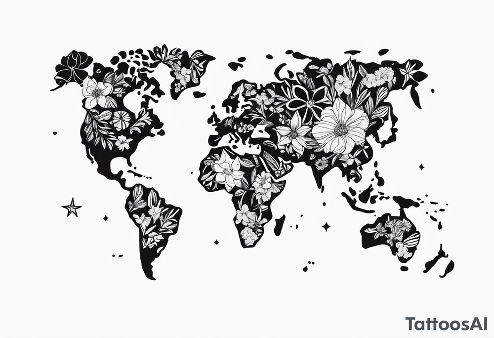 World map with floral design tattoo idea