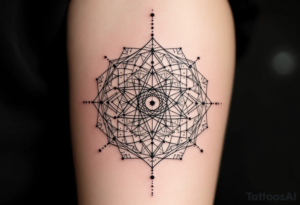 simple, minimalist tattoo, sacred geometry mandala, centerpiece design, dotwork patterns, radiating geometry, symmetrical mandala, geometric shapes, intricate dotwork, sacred patterns, mandala center, geometric radiating, fine line work, black grey shading, minimalist design, no outlines, arm placement, delicate linework, precise geometry, clean symmetry, sacred symbols, geometric precision, dotwork details, mandala focal point, refined patterns, understated complexity, geometric harmony, minimalist tattoo idea