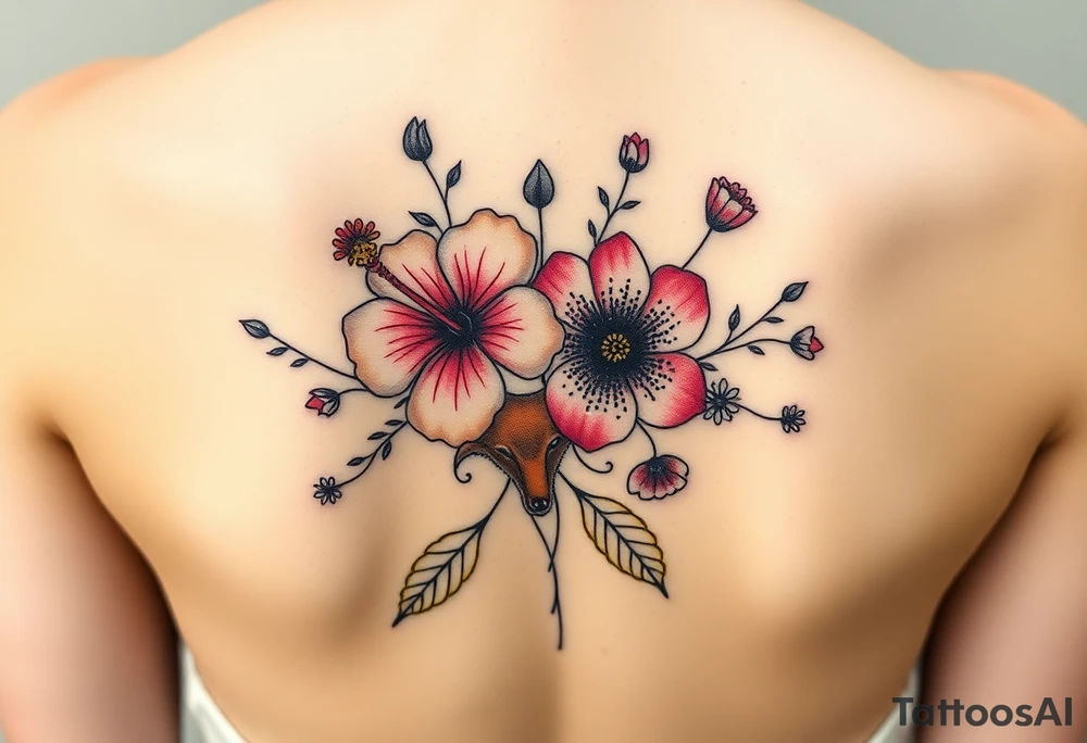 vintage bouquet of wild hibiscus
 and meadow flowers with morning dew and a fox tattoo idea