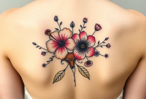 vintage bouquet of wild hibiscus
 and meadow flowers with morning dew and a fox tattoo idea