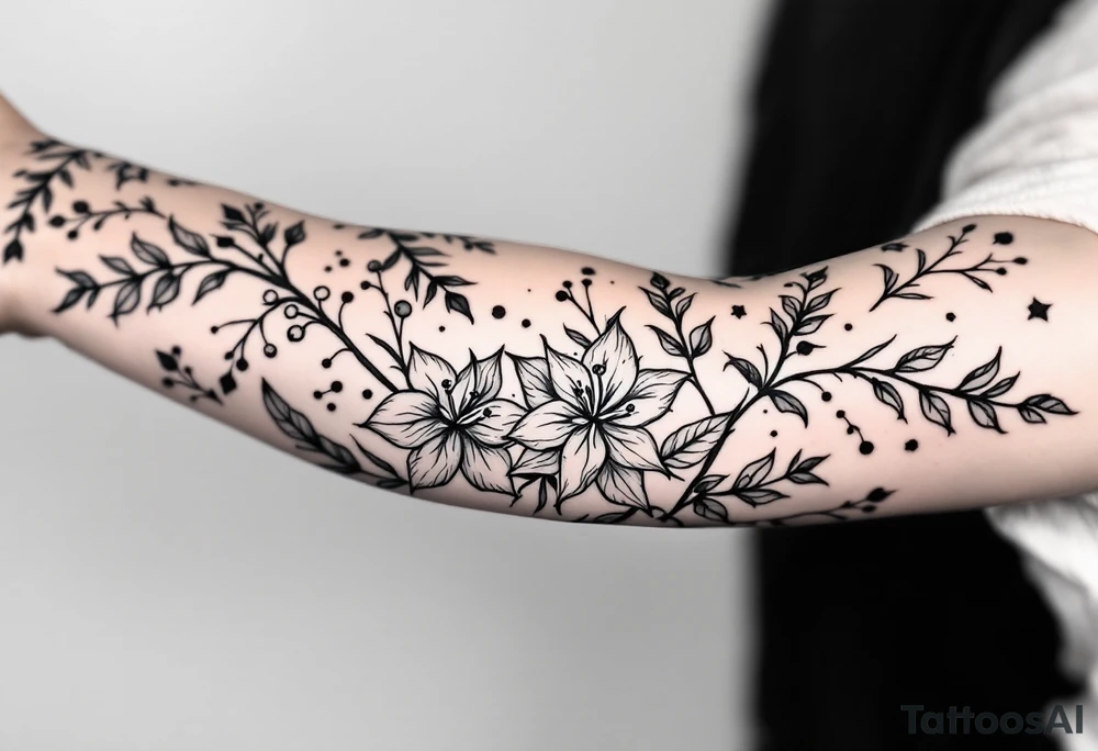 starting from a band mid-forearm, a sleeve of holly flowers and daffodils tattoo idea