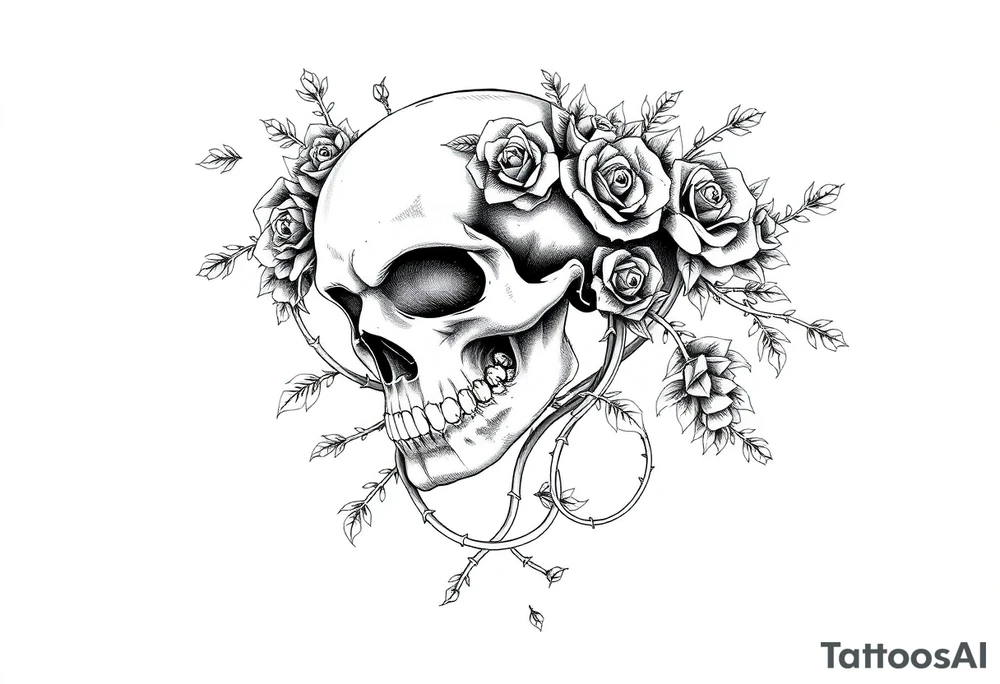 gothic skull intertwined with climbing roses and thorny vines tattoo idea