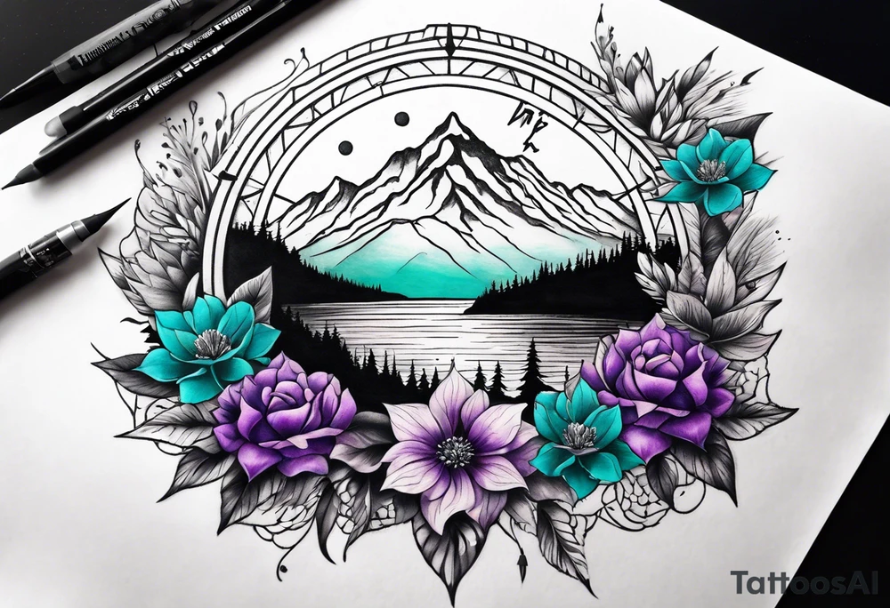 Half Sleeve tattoo: 
mountain in front of a compass rose 
with purple and teal sky, and purple and teal flowers in the foreground tattoo idea