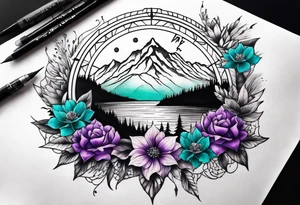 Half Sleeve tattoo: 
mountain in front of a compass rose 
with purple and teal sky, and purple and teal flowers in the foreground tattoo idea