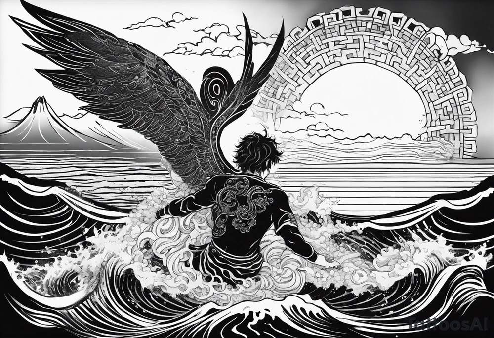 A falling greek men angel in the sea with the sun and all related to an asiatic culture and the anime Tokyo Ghoul.  Make it masculine and include in the water the DNA molecule and some fish and shrimp tattoo idea