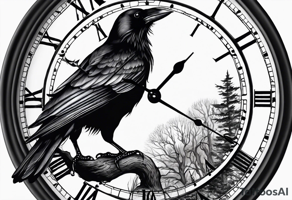 crow looking back twisted neck inside a old clock with pointers and markers being a forest tattoo idea