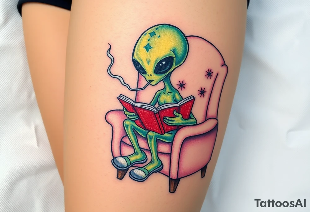 Alien with house slippers, reading a book, while smoking and sitting in a fluffy chair tattoo idea