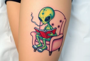 Alien with house slippers, reading a book, while smoking and sitting in a fluffy chair tattoo idea