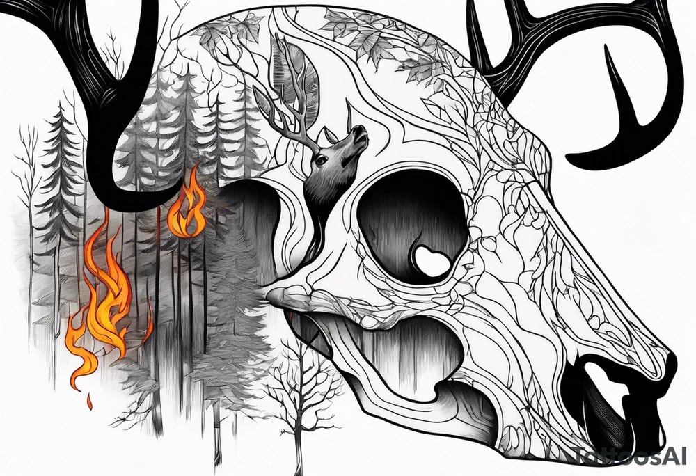 A side view of decayed deer skull surrounded by trees and fire tattoo idea
