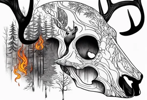 A side view of decayed deer skull surrounded by trees and fire tattoo idea