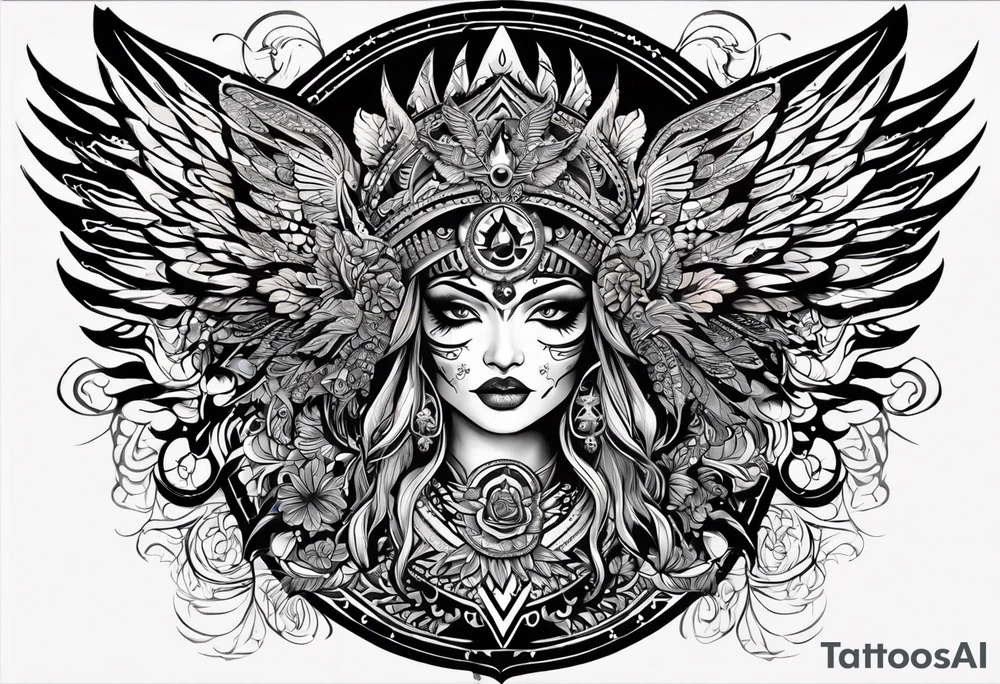 black kali, goddess pirate, alien, angel, pachamama, valkrye, warrior, flying, skull, lotus azul, wing, eagle, zenza resonance, stars, 5D, anahata chakra, death, durga, riding on a tiger, flying lady tattoo idea