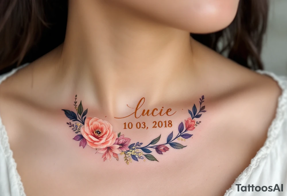 Lucie 10. 03. 2018) – A rosy peach and deep purple floral wreath, wrapping around Lucie's birthdate, with gold filigree detailing. tattoo idea