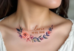 Lucie 10. 03. 2018) – A rosy peach and deep purple floral wreath, wrapping around Lucie's birthdate, with gold filigree detailing. tattoo idea
