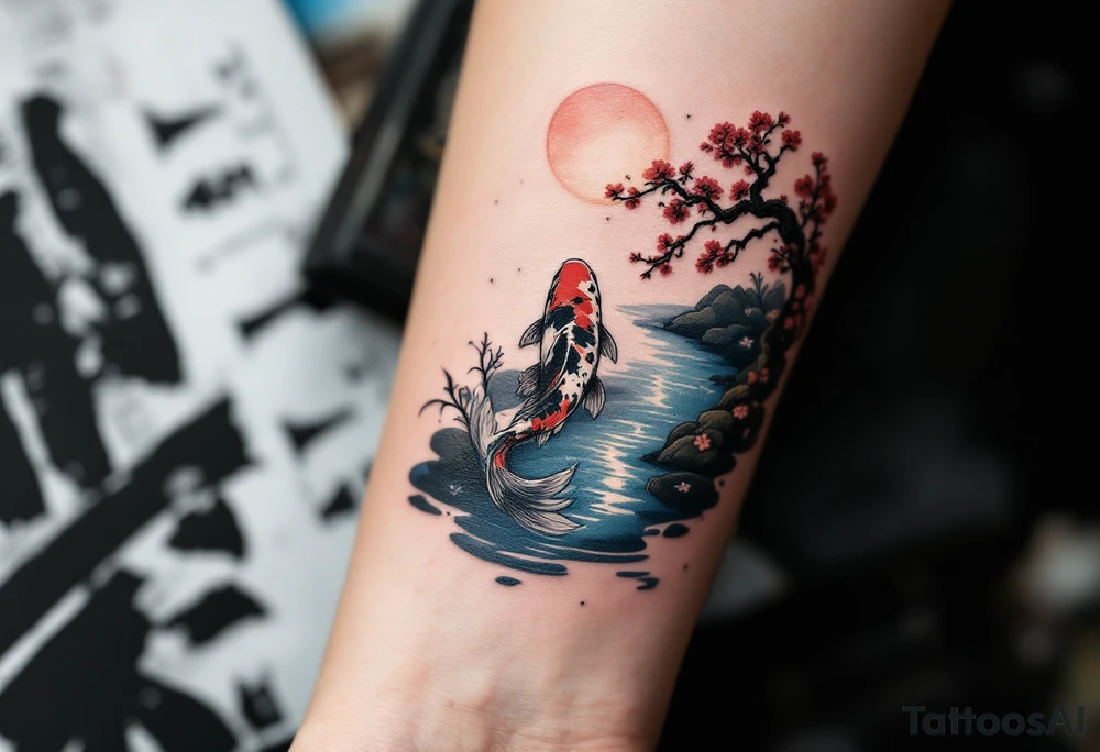 a koi fish swimming upstream in a pond moonlight by the full moon with a sakura tree by the pond tattoo idea