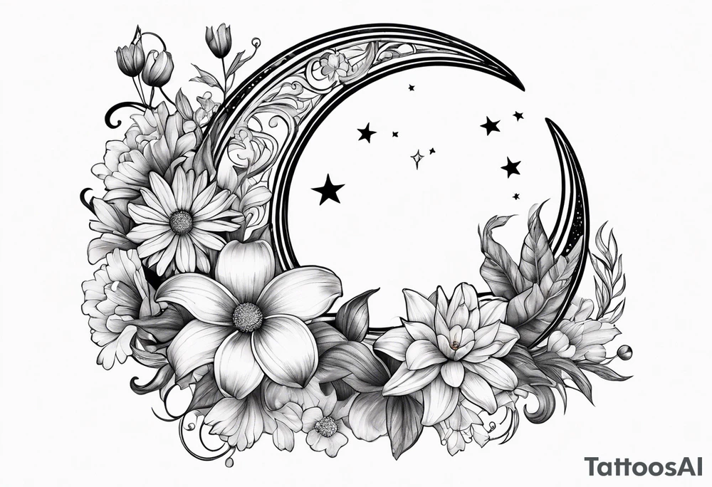 Crescent moon with daisy's, lily’s, crystals, and mushrooms tattoo idea