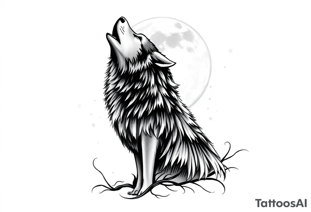 lone wolf howling at full moon with northern lights backdrop tattoo idea