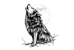 lone wolf howling at full moon with northern lights backdrop tattoo idea