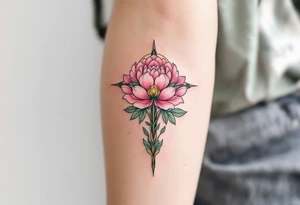 Lada's Symbol — A symmetrical floral cross in soft rose pink and leafy green, resembling a blooming peony, surrounded by a golden halo of light accompanied by Lada the goddess. tattoo idea