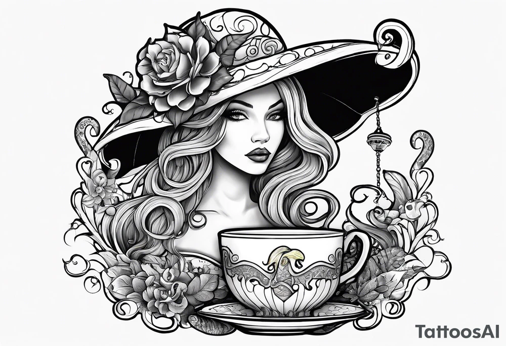 A beautiful sea witch with tentacles that incorporates a teacup, an umbrella, a yellow bird, and a gingerbread boy tattoo idea
