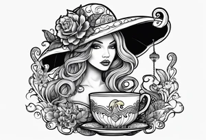 A beautiful sea witch with tentacles that incorporates a teacup, an umbrella, a yellow bird, and a gingerbread boy tattoo idea