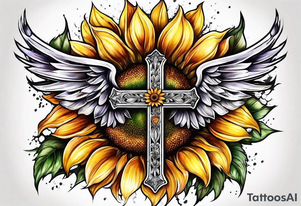 Winged cross with sunflower tattoo idea
