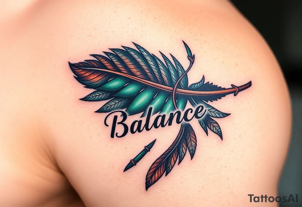 A deep forest green and brown feather, detailed with intricate natural veins, with the word "Balance", symbolizing harmony between two souls tattoo idea