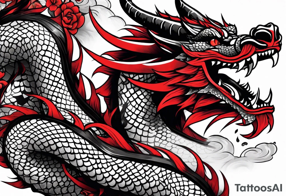 dragon irezumi arm sleeve in black and red with water and lightning tattoo idea