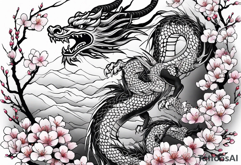 Japanese dragon, cherry blossoms, full sleeve tattoo idea