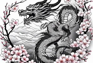 Japanese dragon, cherry blossoms, full sleeve tattoo idea
