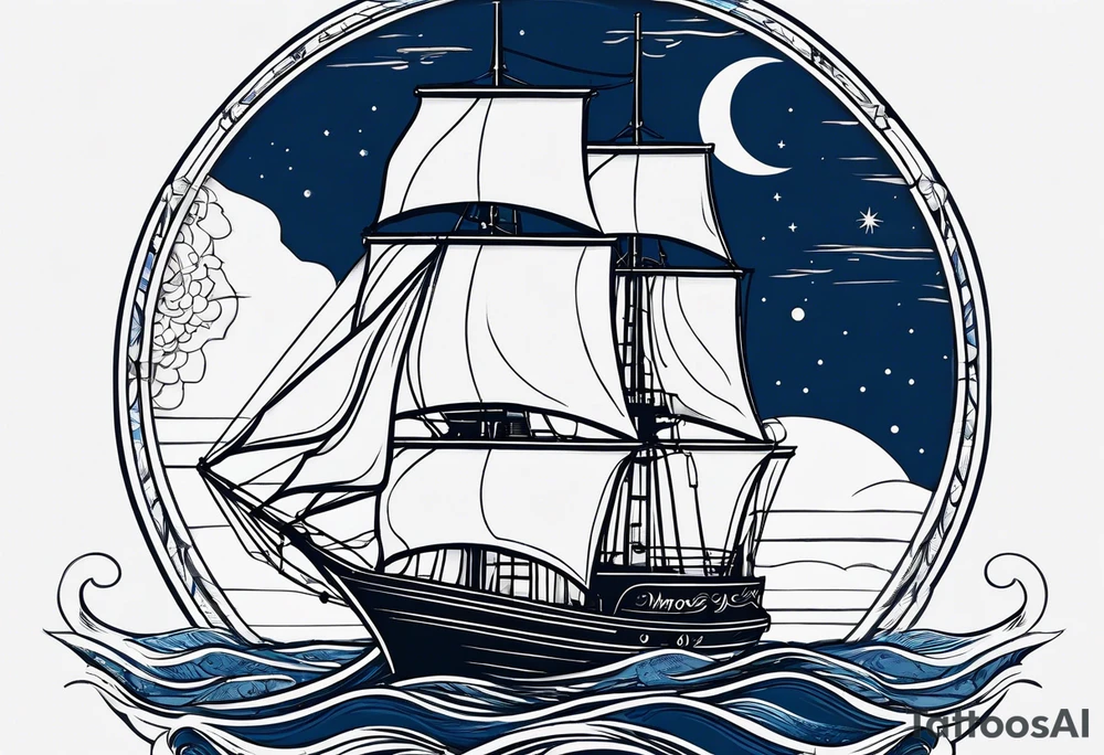 bateau, phare maritime et lune bleu.délicat,minimaliste. tattoo idea