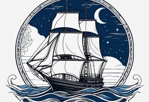 bateau, phare maritime et lune bleu.délicat,minimaliste. tattoo idea