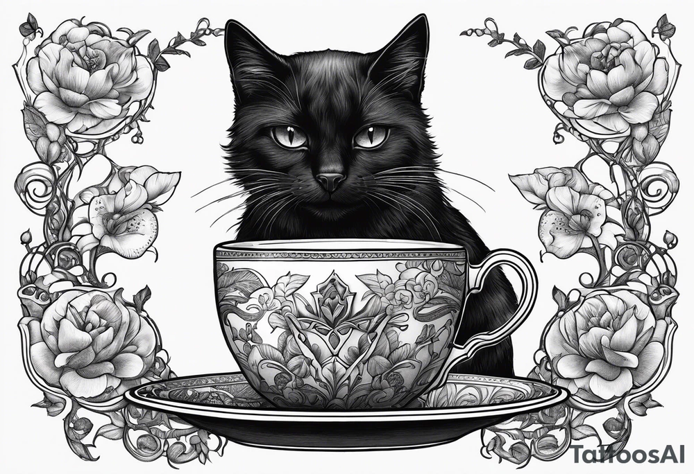 Black cat taking some tea in a wonderful cup tattoo idea