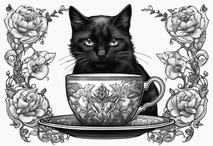 Black cat taking some tea in a wonderful cup tattoo idea