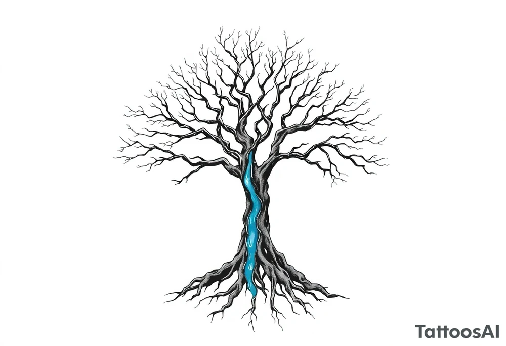 Black and white deciduos Tree with roots. Blue water inside the whole tree like many thin veins, flows from the brunches to the roots tattoo idea