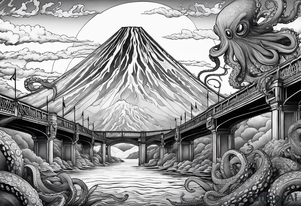 Octopus attacking a bridge with volcano in background erupting tattoo idea
