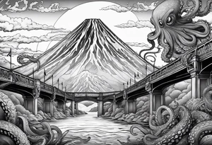 Octopus attacking a bridge with volcano in background erupting tattoo idea