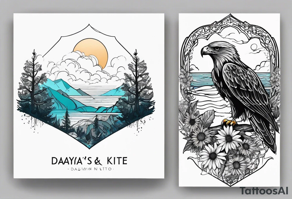 Small inside arm tattoo. Black kite (Daya's name), nature (trees/sea), small sunflower. tattoo idea